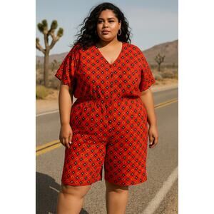 Vintage 80s Elisabeth Liz Claiborne Red Geometric Cotton romper Aztec 3X plus